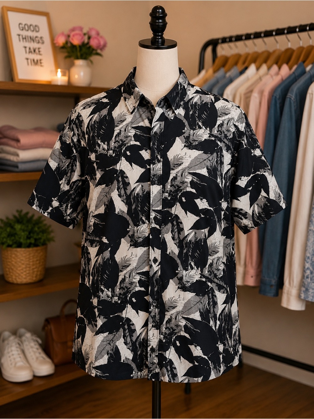Guess Black & White Leaf-Print Short Sleeve Button-Down Shirt